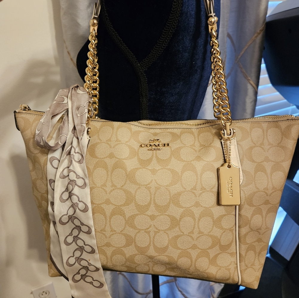 Coach Ava Chain Tote in Canvas Kahki n Chark with Gold Hardware matching pouch